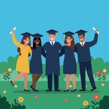 Group of cheerful graduates wearing caps and gowns celebrating together in a colorful garden, flat illustration vector