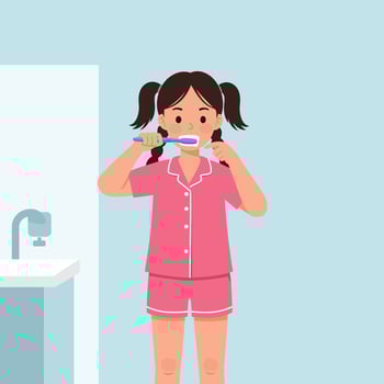 A young girl brushing her teeth in a pastel bathroom, flat illustration vector