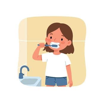 Young girl brushing her teeth in a minimalist bathroom setting, cheerful mood, flat illustration vector