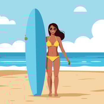 Young woman in a yellow bikini holding a surfboard on the beach in flat art vector