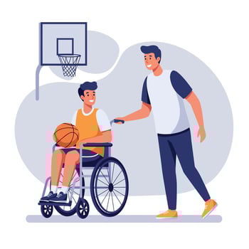 A young man in a wheelchair holding a basketball with a friend in a flat illustration vector