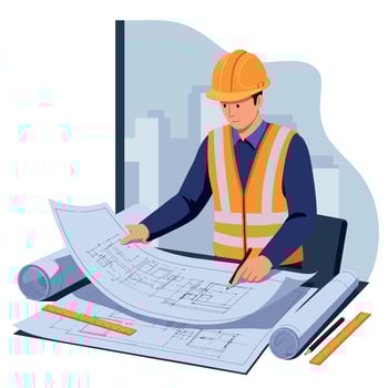 Construction worker in a hard hat studying blueprints with a focused expression in flat illustration vector