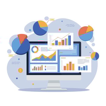 Computer screen displaying colorful graphs and charts in flat art style with dynamic data visualization elements vector