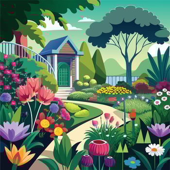 a cartoon illustration of a garden with flowers and trees vector