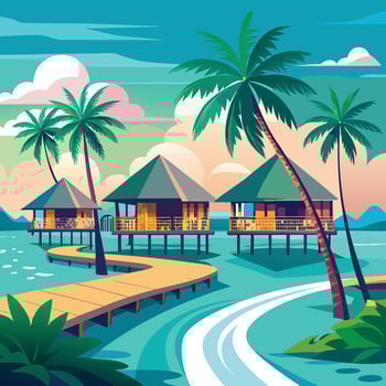 tropical beach with huts and palm trees vector