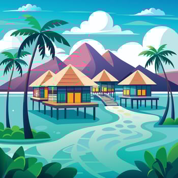 tropical island with huts and palm trees vector