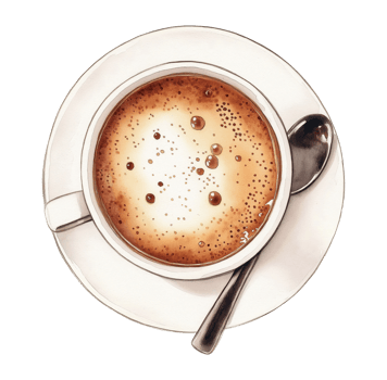 Illustration of a coffee cup and saucer with spoon, isolated on a transparent background, top view png
