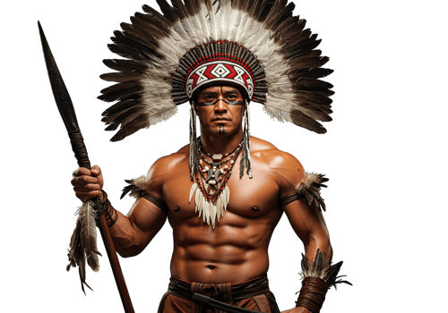 Strong Indigenous Warrior Holding Spear with Traditional Headdress png