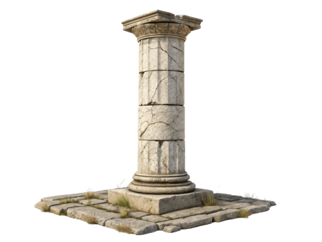 Ancient stone pillar stands tall on weathered base surrounded by grass, showcasing intricate details and historical charm png