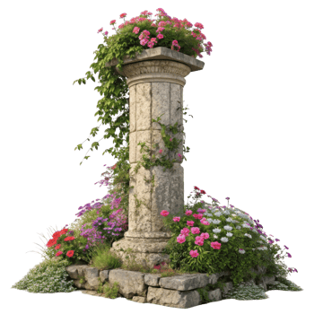 beautiful stone pillar adorned with vibrant flowers creates stunning focal point any garden. lush greenery and colorful blooms enhance natural png
