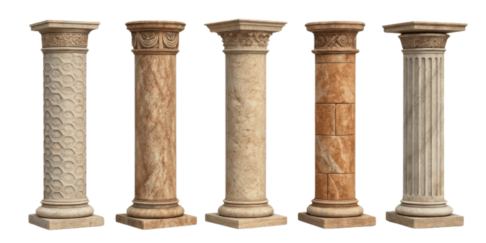 Elegant pillars showcase various designs and textures, enhancing architectural beauty and providing classic touch to any space png