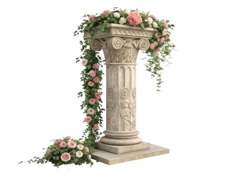 beautifully adorned pillar stands tall, draped in lush greenery and vibrant flowers, creating romantic and enchanting atmosphere png