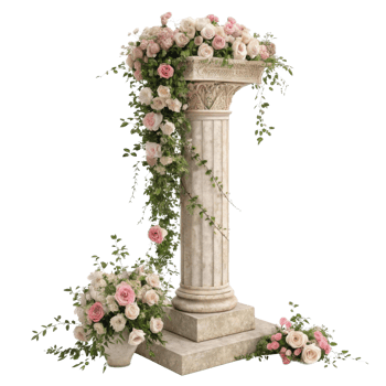 beautiful pillar adorned with lush flowers creates romantic atmosphere perfect for any event. elegant design enhances charm of setting png