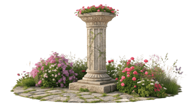 beautiful stone pillar surrounded by vibrant flowers creates serene garden scene that invites tranquility and peace png