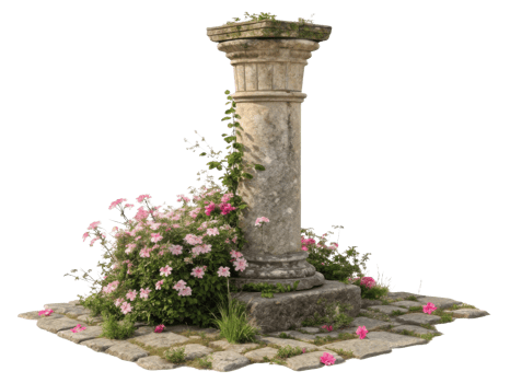 beautiful stone pillar surrounded by vibrant flowers and greenery creates serene garden scene. pillar stands tall amidst colorful blooms png