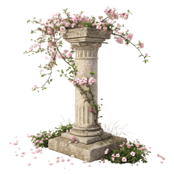 beautiful stone pillar adorned with delicate pink flowers and lush greenery creates serene and enchanting atmosphere png