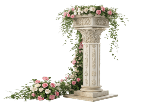 beautiful pillar adorned with delicate roses and lush greenery creates enchanting atmosphere perfect for celebrations png