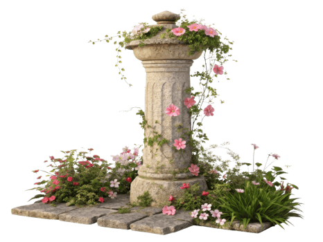 beautiful stone pillar adorned with vibrant flowers and lush greenery creates serene garden atmosphere. This charming structure enhances any png