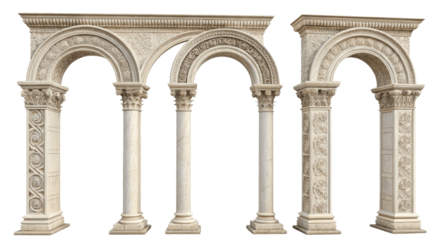 Elegant architectural pillars showcase intricate designs and arches, creating stunning visual centerpiece that enhances any space png
