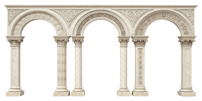 Elegant architectural pillars create stunning visual with intricate designs and arches that evoke sense of grandeur and history png