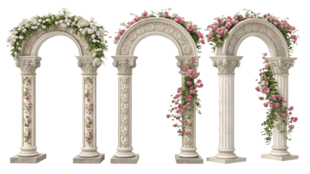 Elegant pillars adorned with blooming flowers create stunning visual display, perfect for weddings or garden events png