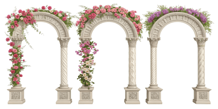 Elegant floral arches adorned with vibrant blooms create stunning backdrop for any event. These pillars of beauty enhance celebrations with their png