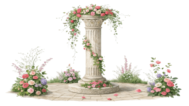 beautiful pillar adorned with vibrant flowers creates stunning focal point in serene garden setting, perfect for celebrations png