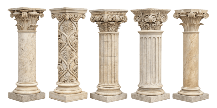 Elegant pillars showcase intricate designs and textures, embodying classical architecture beauty and strength png