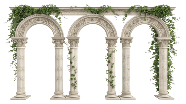 beautiful architectural pillar structure featuring four elegant arches adorned with lush green vines, creating serene and inviting atmosphere png