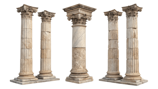 Ancient pillars showcase intricate designs and classic architecture, standing tall as symbols of strength and beauty in historical structures png