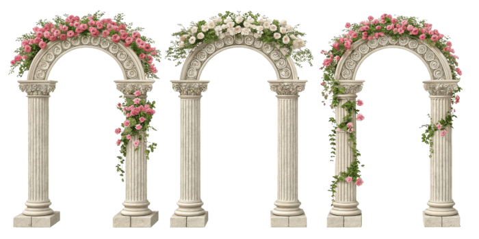 Elegant pillars adorned with vibrant flowers create stunning visual for any event. These arches serve as beautiful backdrops for weddings png