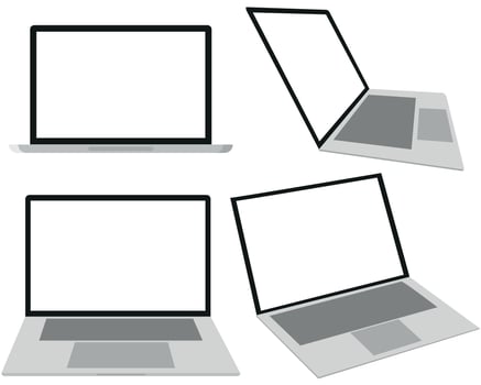 Laptop or notebook computer at various angles, technology design element vector
