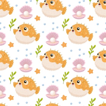 pufferfish pattern cute ocean sea seamless background marine cartoon animal shell vector