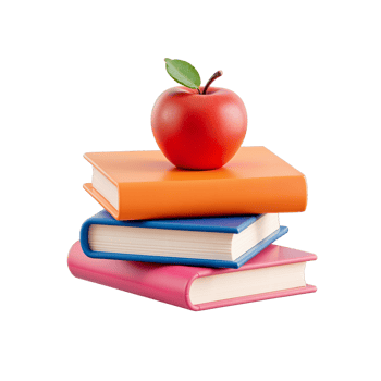 Stack of vibrant books topped with a shiny red apple png