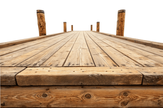 wooden dock extending into distance, showcasing its textured planks and sturdy posts, evokes sense of tranquility and nature png