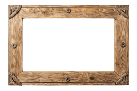 Rustic wooden picture frame with decorative corners, perfect for showcasing art or photos png