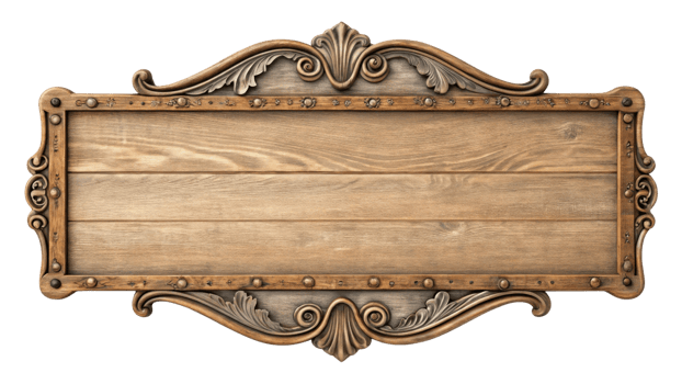 Elegant wooden sign with ornate frame and decorative elements, perfect for vintage decor or signage png
