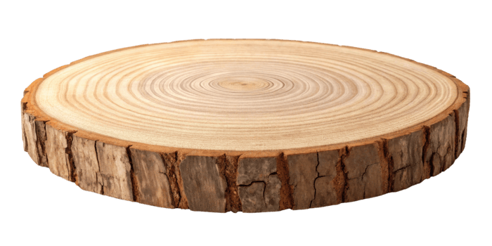 Natural wood slice with smooth surface and distinct rings, perfect for rustic decor or serving png