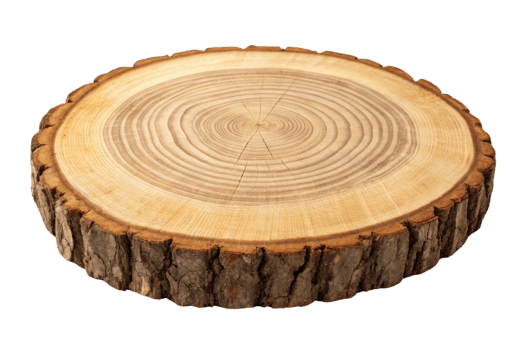 round wooden slice with smooth surface and bark edges, perfect for rustic decor or serving png