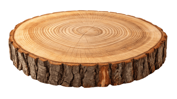 round wooden slice with visible tree rings and bark edges, perfect for rustic decor or serving png