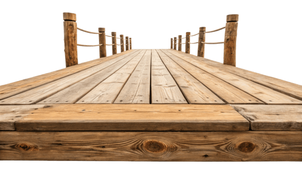 wooden dock extending into distance, surrounded by ropes and posts, creating serene atmosphere png
