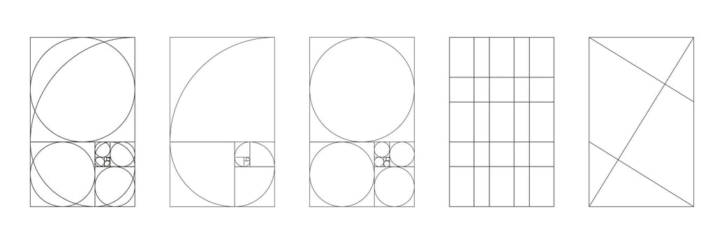 Set of Golden ratio flat template. Method golden section mockup. Fibonacci array, numbers shapes. Harmony minimal proportions. Outline graphic illustration. vector