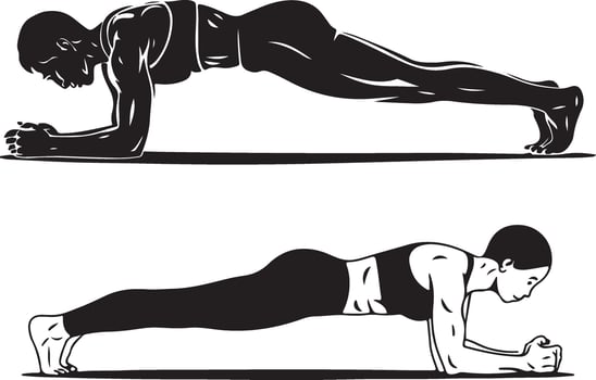 Two Women Performing Forearm Plank Exercise Variations Black And White Illustration vector