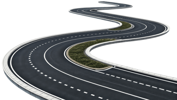 winding road with smooth asphalt and green landscaping, creating serene driving experience png