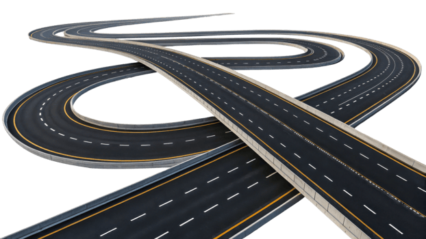Aerial view of winding highway with multiple curves and lanes, showcasing modern road design and infrastructure png