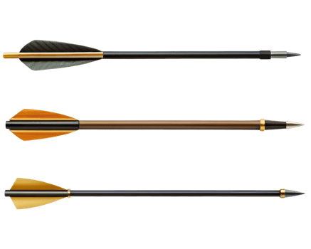 Three Unique Arrows Featuring Vibrant Fletching Designs on a transparent background png
