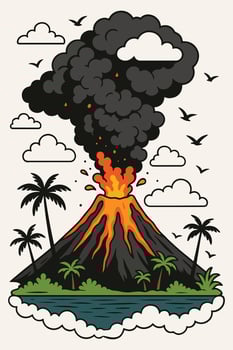 Erupting Volcano Cartoon Illustration with Lava, Smoke, and Palm Trees vector