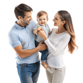 A happy family, parents and sons, mother father and baby, a happy smiling family together at home clean transparent background png