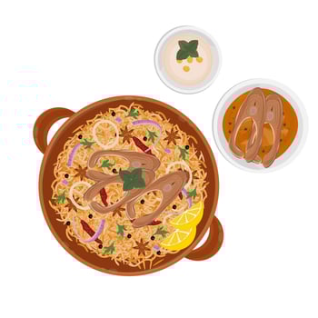 Illustration logo Clipart Top View Fish Biryani or Indian Rice Biryani vector