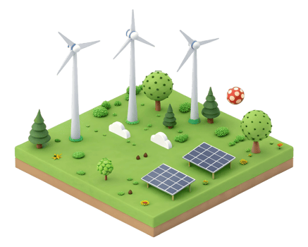 Isometric landscape with wind turbines, solar panels, and trees on a green field png